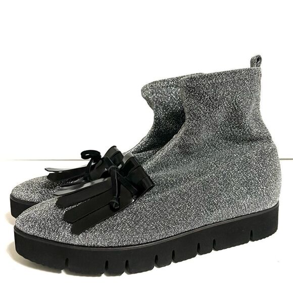 Kennel & Schmenger Ankle Sock Boots Silver Black Sparkly Fringe Pointy Toe New 7 - Picture 1 of 14